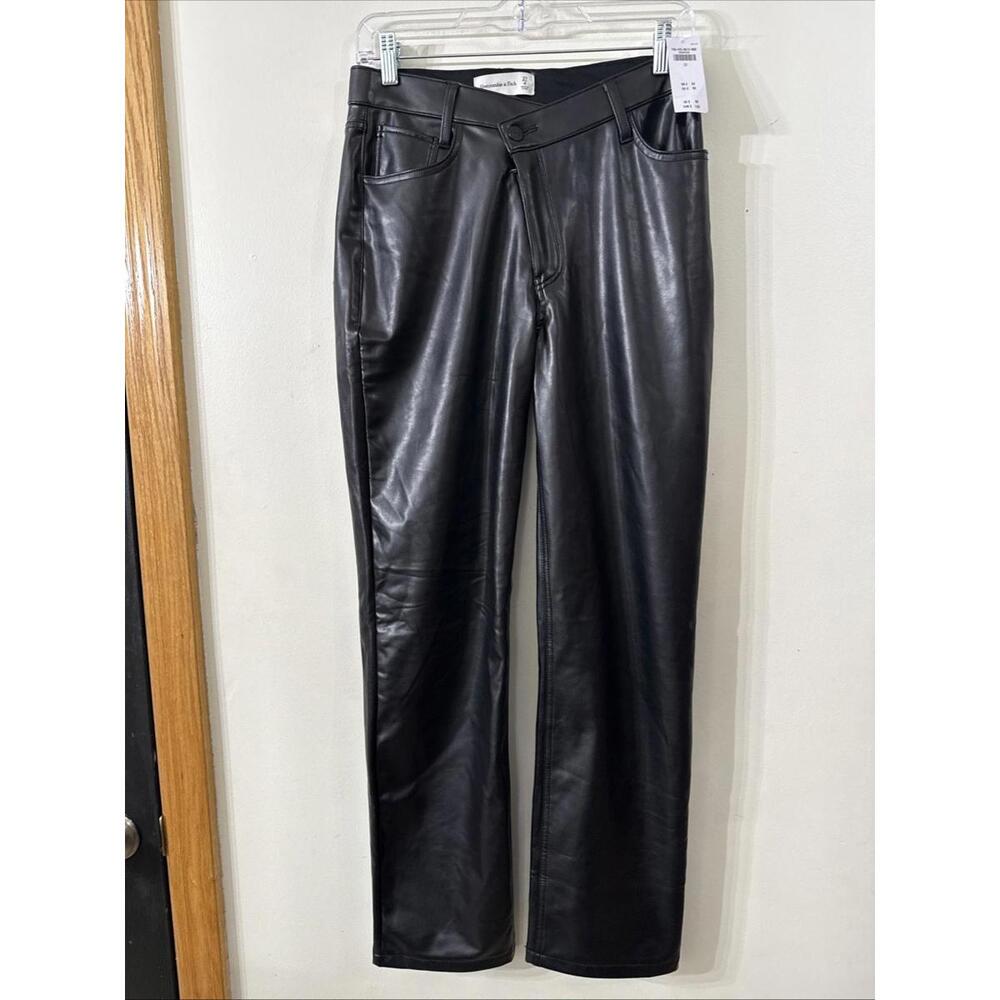 Abercrombie Fitch Women Sz 4 Criss Cross 90s Straight Faux Leather Black Pants - Picture 2 of 6